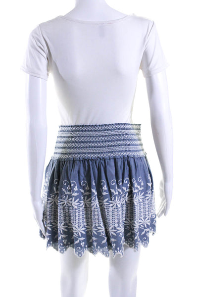 Love Shack Fancy Womens Smocked Embroidered Mini Drop Waist Skirt Blue Size 2