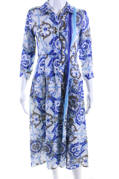 Marina St. Barth Womens 3/4 Sleeve Midi Shirt Dress Blue White Linen Size Medium