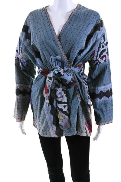 Victoria Leivissa Womens Embroidered Patchwork Belted Jacket Blue Size Medium