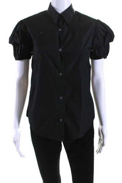 Mona Thalheimer Womens Puff Sleeve Poplin Button Up Top Blouse Black Size XS