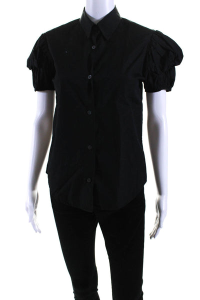 Mona Thalheimer Womens Puff Sleeve Poplin Button Up Top Blouse Black Size XS