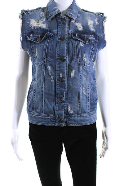 Pierre Balmain Womens Distressed Button Up Jean Jacket Vest Blue Size FR 38