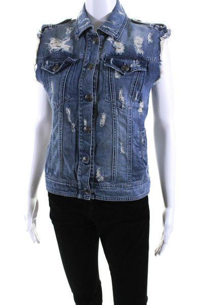 Pierre Balmain Womens Distressed Button Up Jean Jacket Vest Blue Size FR 38