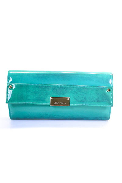 Jimmy Choo Womens Patent Leather Silver Tone Wallet Turquoise Blue