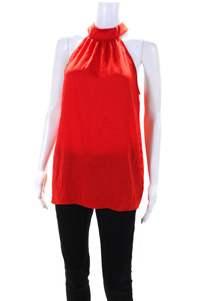 Halston Women's High Neck Gold Button Sleeveless Flowy Blouse Red Size M