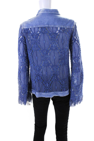 Sunday Tropez Womens Elvis Mesh Embroidered Sleeve Linen Jacket Blue Size Small
