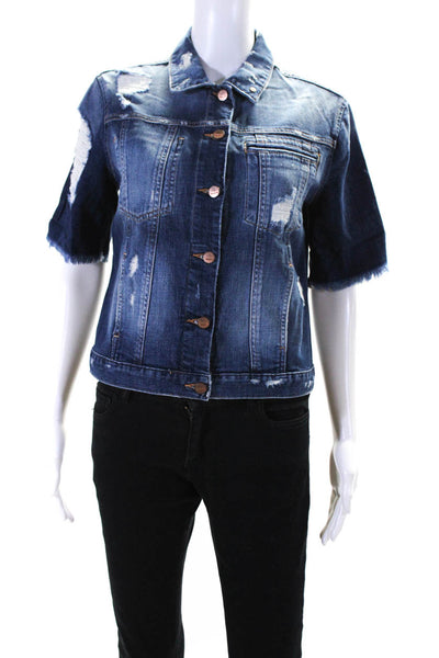 Genetic Womens Short Sleeve Distressed Denim Button Up Jeans Jacket Blue Small