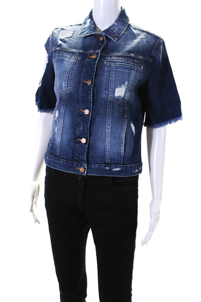 Genetic Womens Short Sleeve Distressed Denim Button Up Jeans Jacket Blue Small