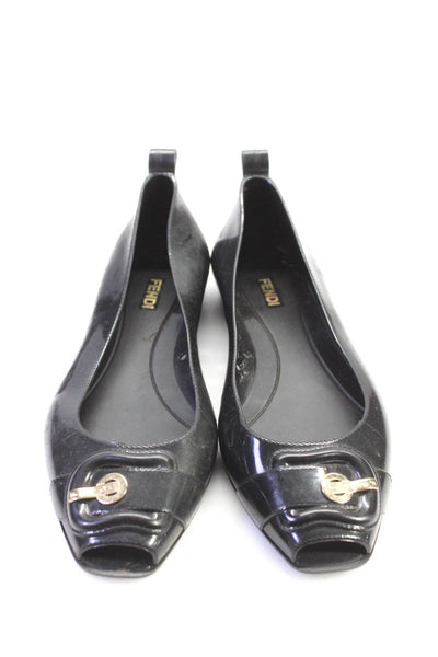 Fendi Womens Rubber Peep Toe Buckle Detailed Slip On Ballet Flats Black Size 7