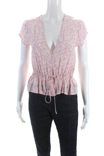 Rollas Womens Short Sleeve Floral Hook & Eye Drawstring Top Blouse Pink Small