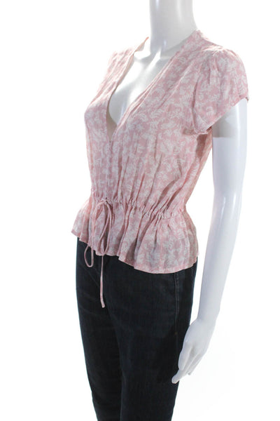 Rollas Womens Short Sleeve Floral Hook & Eye Drawstring Top Blouse Pink Small