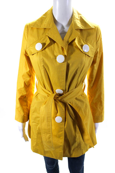 Smythe Womens Cotton Collared Buttoned Belted Long Sleeve Raincoat Yellow Size 4