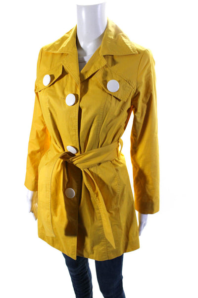 Smythe Womens Cotton Collared Buttoned Belted Long Sleeve Raincoat Yellow Size 4