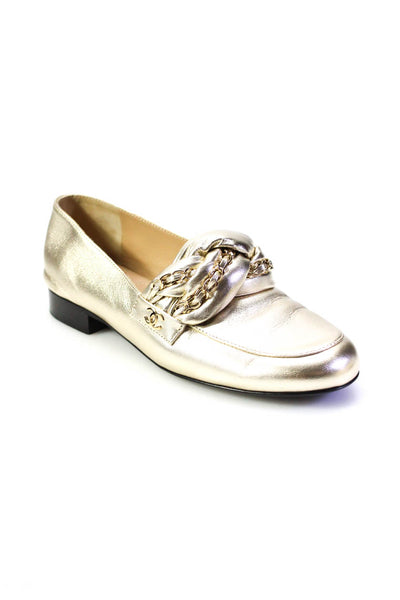 Chanel Womens Metallic Chain-Link Braided CC Loafers Gold Tone Leather Size 37