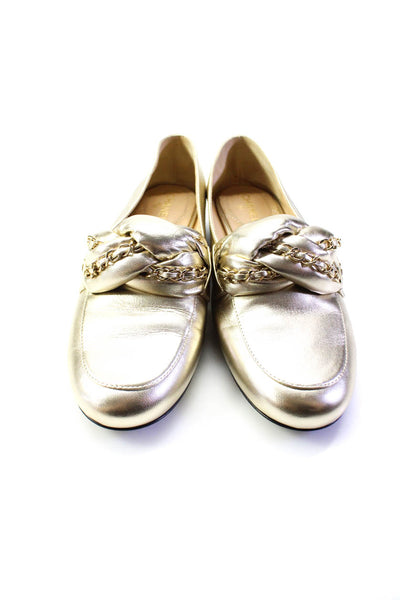Chanel Womens Metallic Chain-Link Braided CC Loafers Gold Tone Leather Size 37