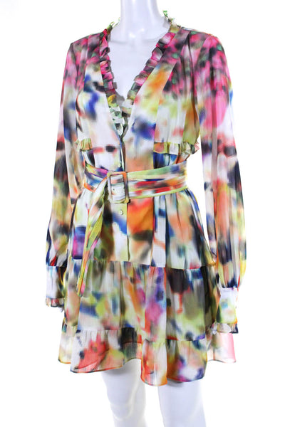 Alexis Womens Chiffon Abstract Ruffle V-Neck A-Line Dress Multicolor Size S