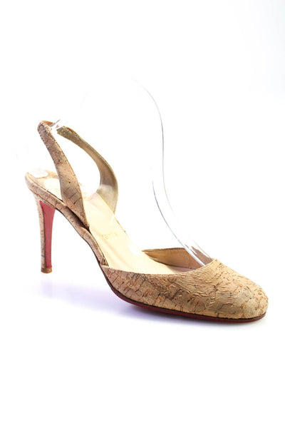 Christian Louboutin Womens Cork High Heel Slingbacks Tan Brown Size 7.5US 37.5EU