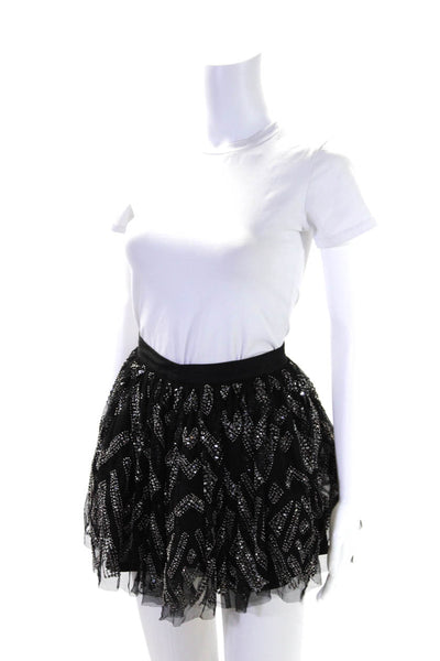 Parker Womens Beaded Tulle A Line Mini Skirt Black Silver Size 0