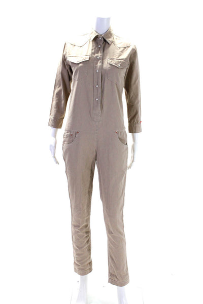 Denimist Womens Khaki Collar Long Sleeve Straight Leg Jumpsuit Size XS