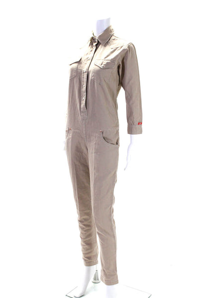 Denimist Womens Khaki Collar Long Sleeve Straight Leg Jumpsuit Size XS