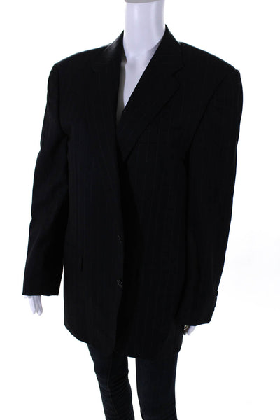 Hickey Freeman Mens Black Striped Two Button Long Sleeve Blazer Size 35R