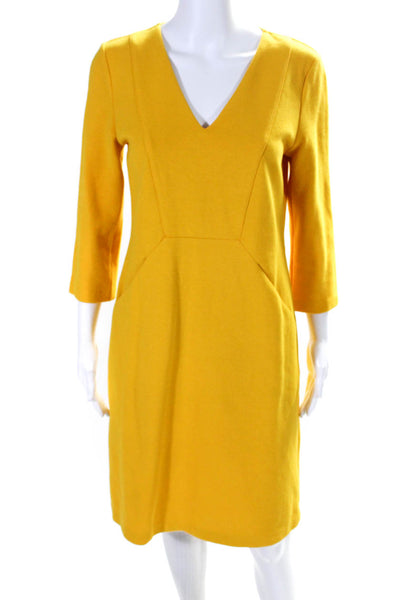 Boden Womens Yellow Cotton Ribbed V-Neck Long Sleeve Pockets Shift Dress Size 6L