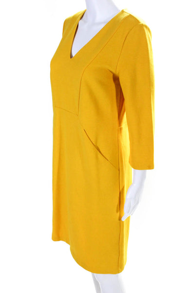 Boden Womens Yellow Cotton Ribbed V-Neck Long Sleeve Pockets Shift Dress Size 6L