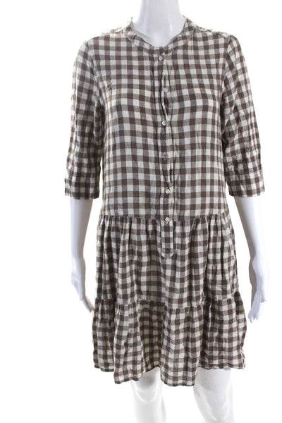 Apiece Apart Womens Cotton Check Print Half Sleeve Midi Shirt Dress Brown Size S