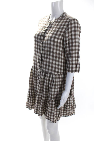 Apiece Apart Womens Cotton Check Print Half Sleeve Midi Shirt Dress Brown Size S