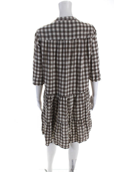 Apiece Apart Womens Cotton Check Print Half Sleeve Midi Shirt Dress Brown Size S