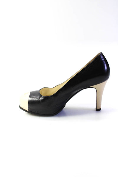 Chanel Womens Black White Color Block Toe Cap Leather Platform Pumps Shoes Size7
