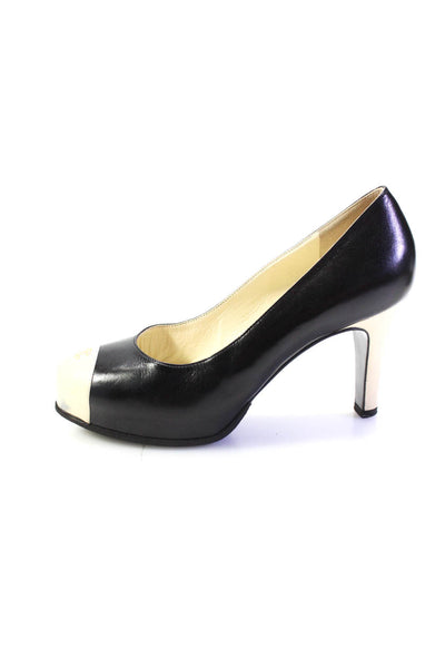 Chanel Womens Black White Color Block Toe Cap Leather Platform Pumps Shoes Size7