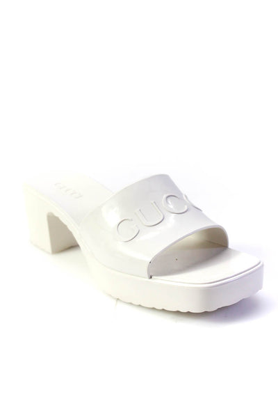 Gucci Womens Rubber Logo Platform Medium Heels Slides Mules White Size 39 9