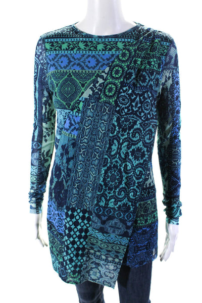 Fuzzi Womens Mesh Abstract Print Long Sleeve Tulip Hem Shirt Blouse Blue Size XS