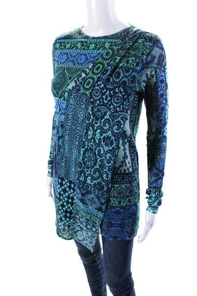 Fuzzi Womens Mesh Abstract Print Long Sleeve Tulip Hem Shirt Blouse Blue Size XS