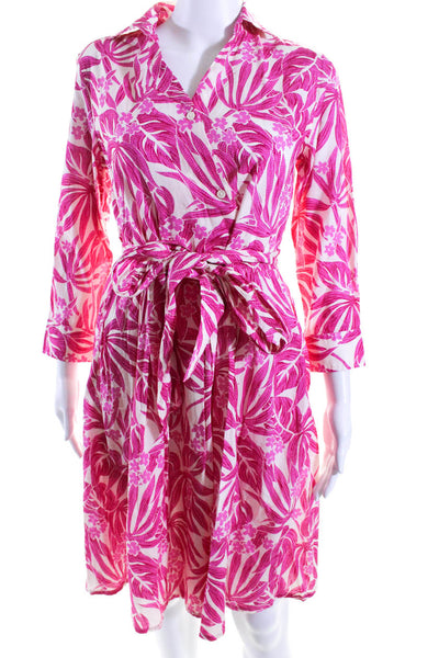 0039 Italy Womens Long Sleeve Floral Belted Midi Shirt Dress Pink White Size XS