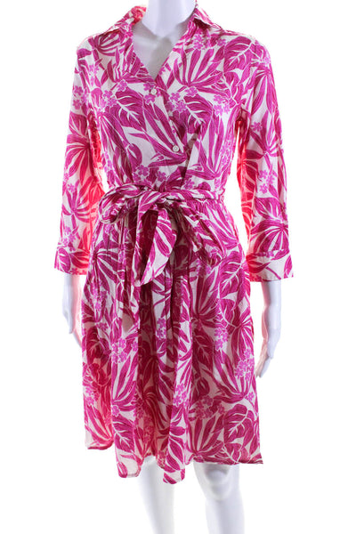 0039 Italy Womens Long Sleeve Floral Belted Midi Shirt Dress Pink White Size XS