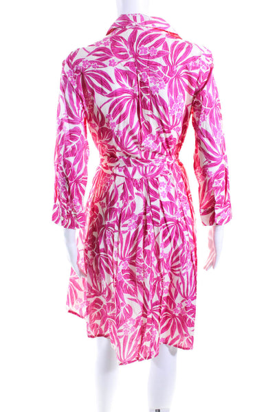 0039 Italy Womens Long Sleeve Floral Belted Midi Shirt Dress Pink White Size XS