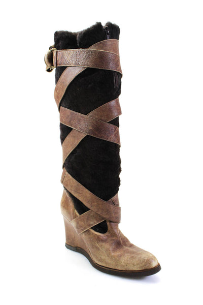 Tashkert Womens Leather Shearling Knee High Wedge Boots Brown Size 9