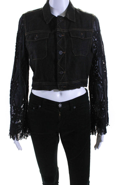 Sunday Womens Lennon Mesh Embroidered Sleeve Linen Crop Jacket Black Size Small