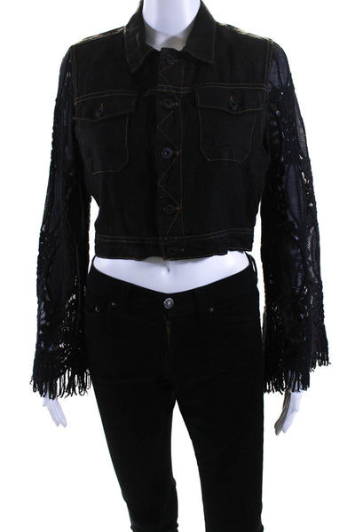 Sunday Womens Lennon Mesh Embroidered Sleeve Linen Crop Jacket Black Size Small