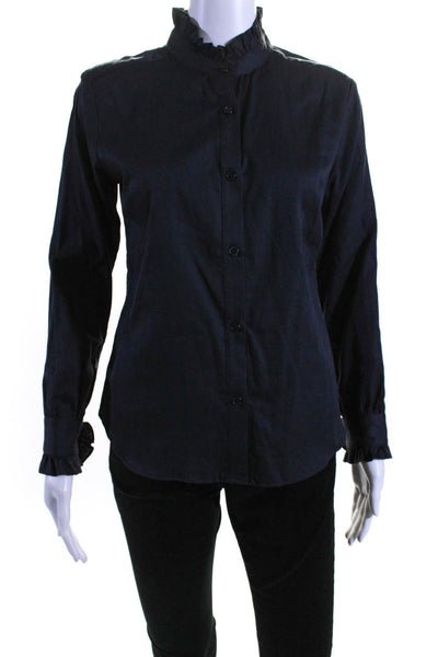 Gilber Gilmore Womens Frill Neck Long Sleeve Button Up Top Blouse Navy Blue XS