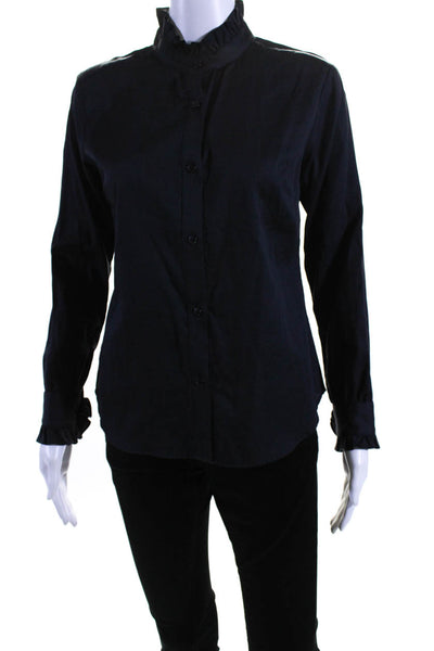 Gilber Gilmore Womens Frill Neck Long Sleeve Button Up Top Blouse Navy Blue XS