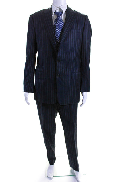 Hickey Freeman Mens Navy Two Button Striped Blazer Pants Suit Set Size 34R