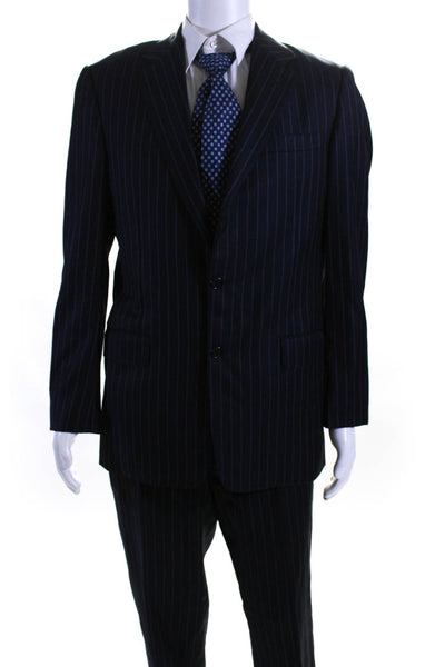 Hickey Freeman Mens Navy Two Button Striped Blazer Pants Suit Set Size 34R