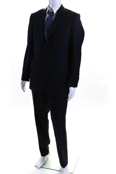 Hickey Freeman Mens Navy Two Button Striped Blazer Pants Suit Set Size 34R