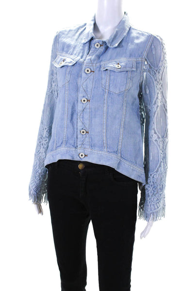 Sunday Tropez Womens Elvis Mesh Embroidered Sleeve Linen Jacket Light Blue Small