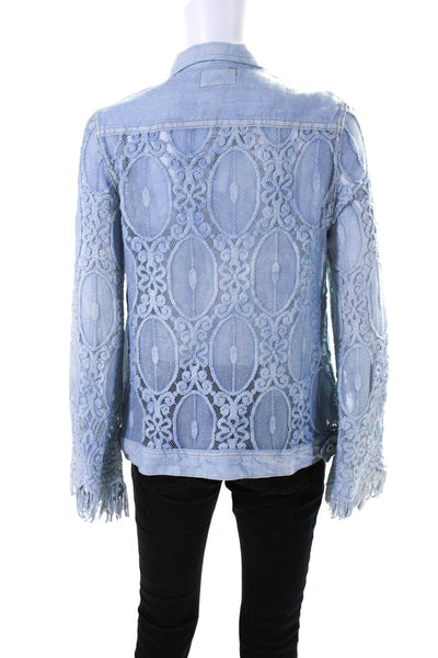 Sunday Tropez Womens Elvis Mesh Embroidered Sleeve Linen Jacket Light Blue Small