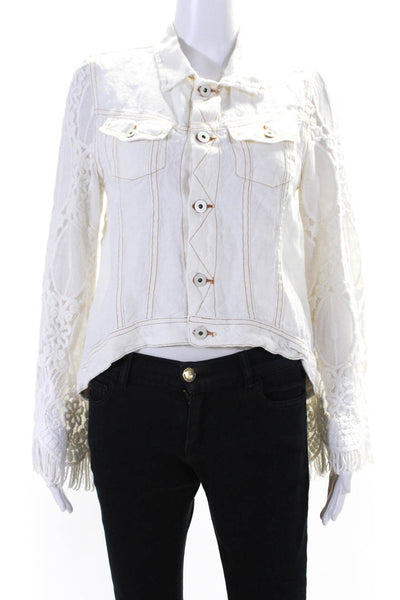 Sunday Tropez Womens Elvis Mesh Embroidered Sleeve Linen Jacket White Size Small