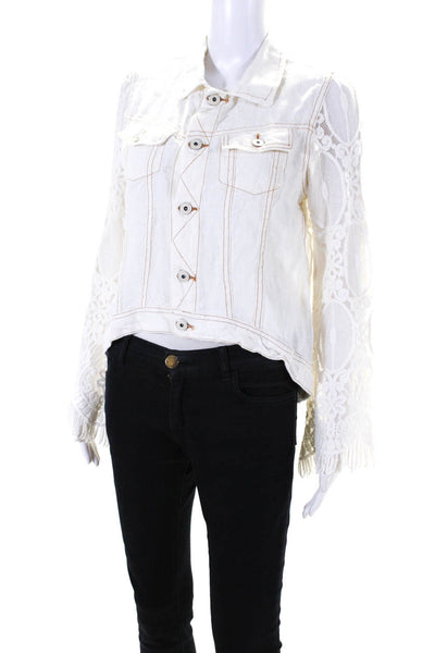 Sunday Tropez Womens Elvis Mesh Embroidered Sleeve Linen Jacket White Size Small